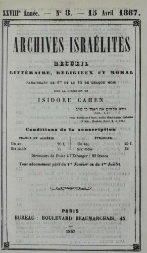Archives israélites de France. Vol.28 N°08 (15 avr. 1867)